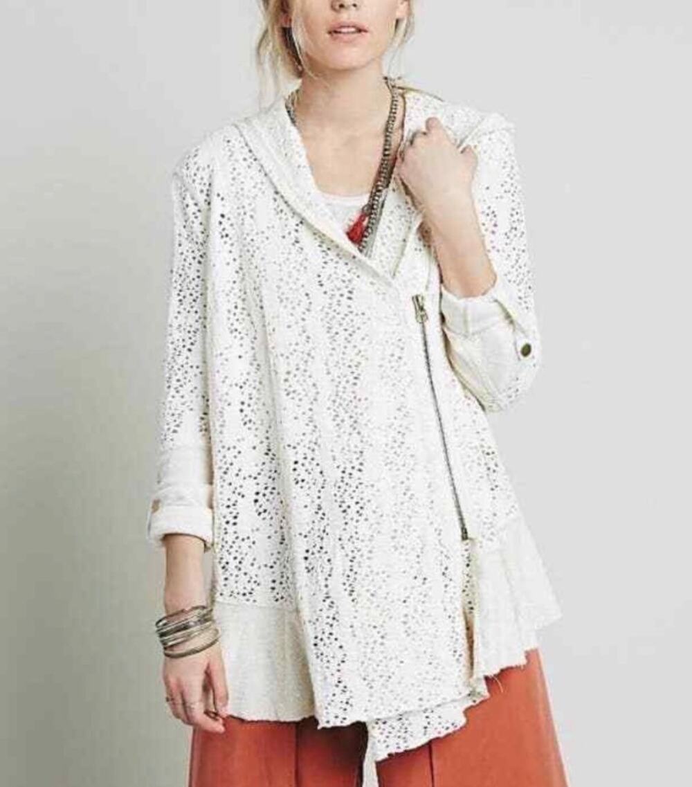 Free People Womens Jacket Doily Cardigan Lace Asymmetric Zipper Ivory, Sz XS